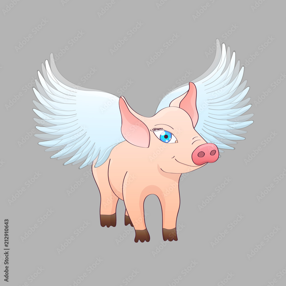 Piglet with wings isolated on gray background