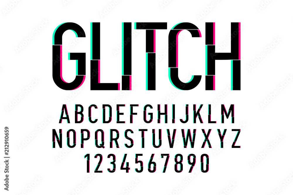 Trendy style distorted glitch typeface. Letters and numbers