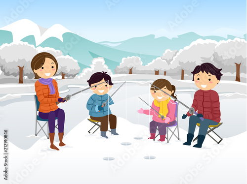 Stickman Family Ice Fishing Illustration