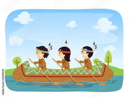 Stickman Kids Native American Canoe Illustration
