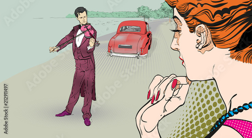 Girl dreaming of the romantic man. Girl thinking about a man. Woman and classical musician.