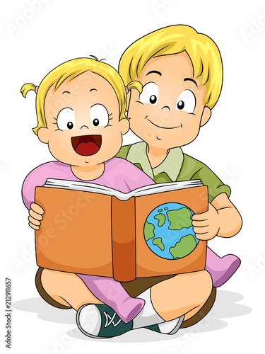 Baby Girl Read Brother Geography Book Illustration