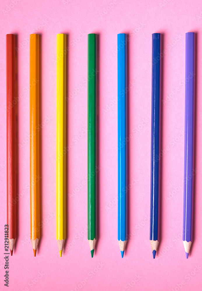 Colored Pencils Laying In Row Colorful Rainbow Set Stock
