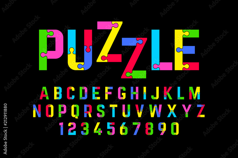 Naklejka Puzzle font, jigsaw puzzle alphabet and numbers