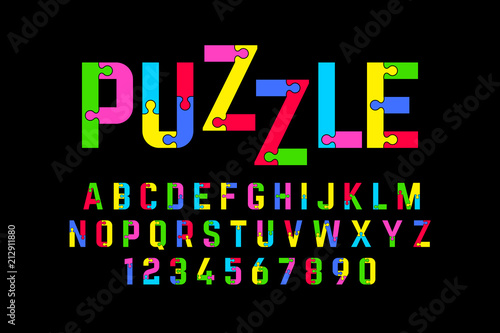 Puzzle font, jigsaw puzzle alphabet and numbers