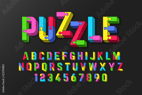 Puzzle 3D font, jigsaw puzzle alphabet and numbers