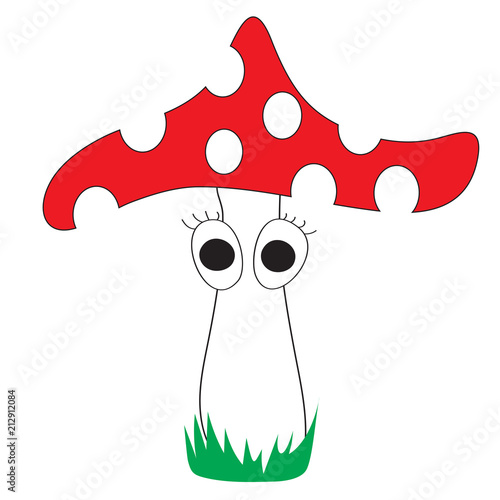 childlish drawing fly agaric with eyes, flat vector illustration