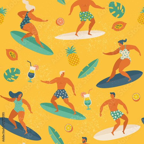 Surfing girls and boys on the surf boards catching waves in the sea. Summer beach seamless pattern in vector.