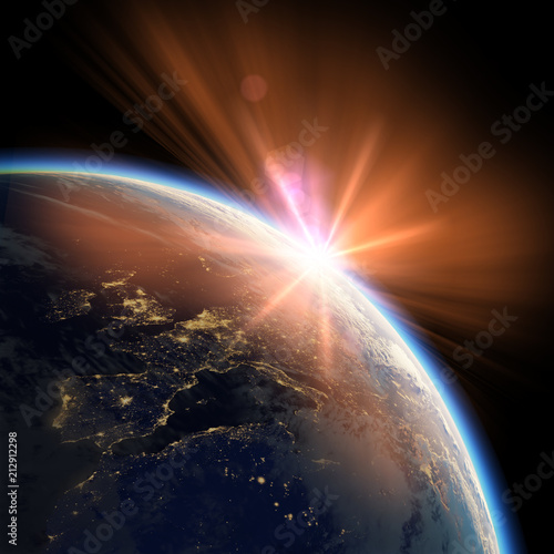 Earth view from space or spacestation location europe in low orbit with sunset, clouds and atmosphere, 3D Rendering