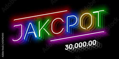 Jackpot, gambling game bright neon banner with winning. Casino or lottery advertising template