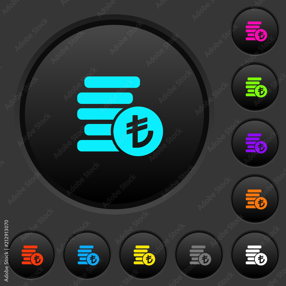 Turkish Lira coins dark push buttons with color icons Turkish Lira coins dark push buttons with color icons