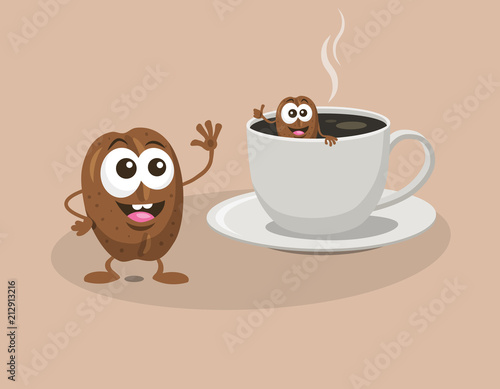 Coffee beans are bathing in a cup of coffee. Flat design style, easy to use for print and web promotion.
