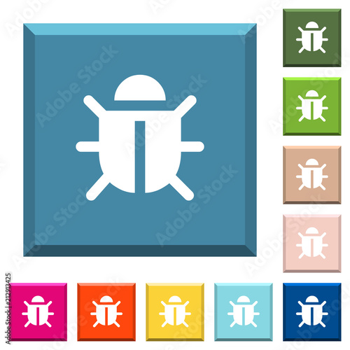 Computer bug white icons on edged square buttons