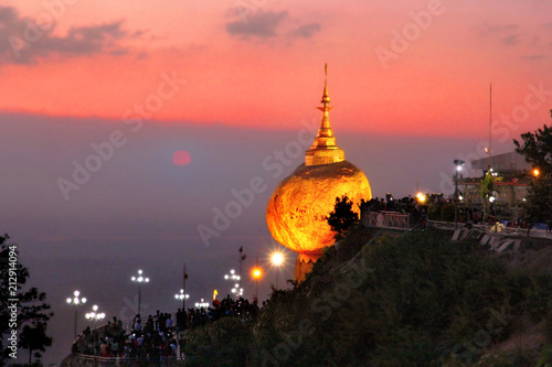 Myanmar ,Kyaikhtiyo Golden Rock pagoda and budhist temple , beautiful sunshine view.