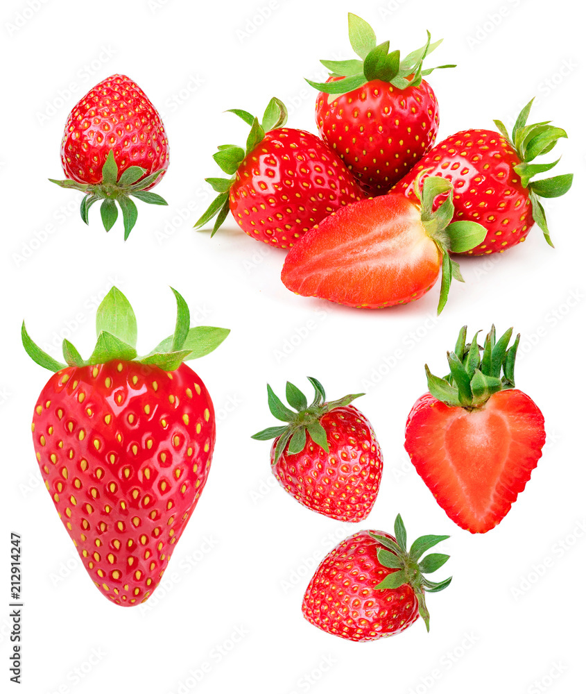 Strawberry isolated on white background. Red ripe whole strawberry with sliced half and leaves, macro. Strawberry isolated on white background. Red ripe whole strawberry with sliced half and leaves, macro.