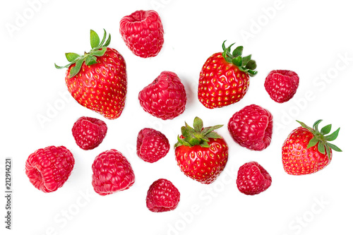  Strawberry and Raspberry isolated on white background, top view .Fresh berries flat lay