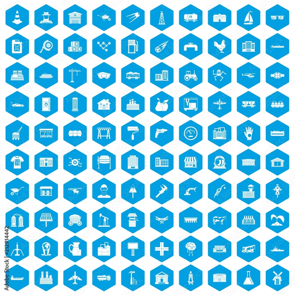 100 industry icons set in blue hexagon isolated vector illustration 100 industry icons set in blue hexagon isolated vector illustration