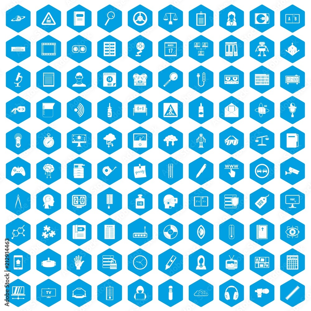 100 information icons set in blue hexagon isolated vector illustration 100 information icons set in blue hexagon isolated vector illustration