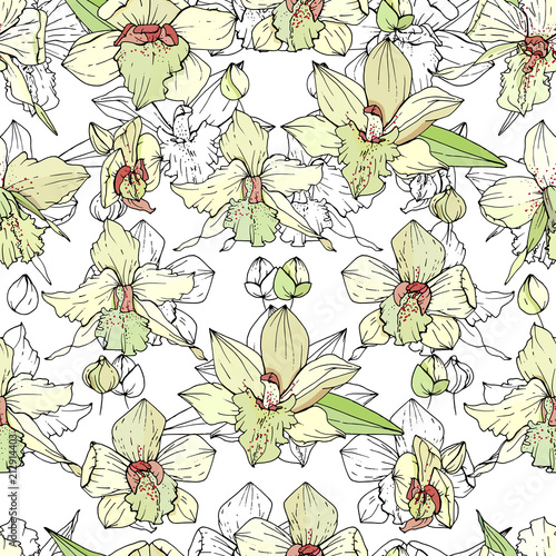 Seamless pattern with white orchids. Endless texture for floral design.