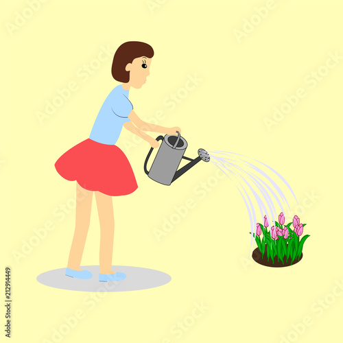Obraz na plátně Girl watering tulips with watering can .Vector illustration.