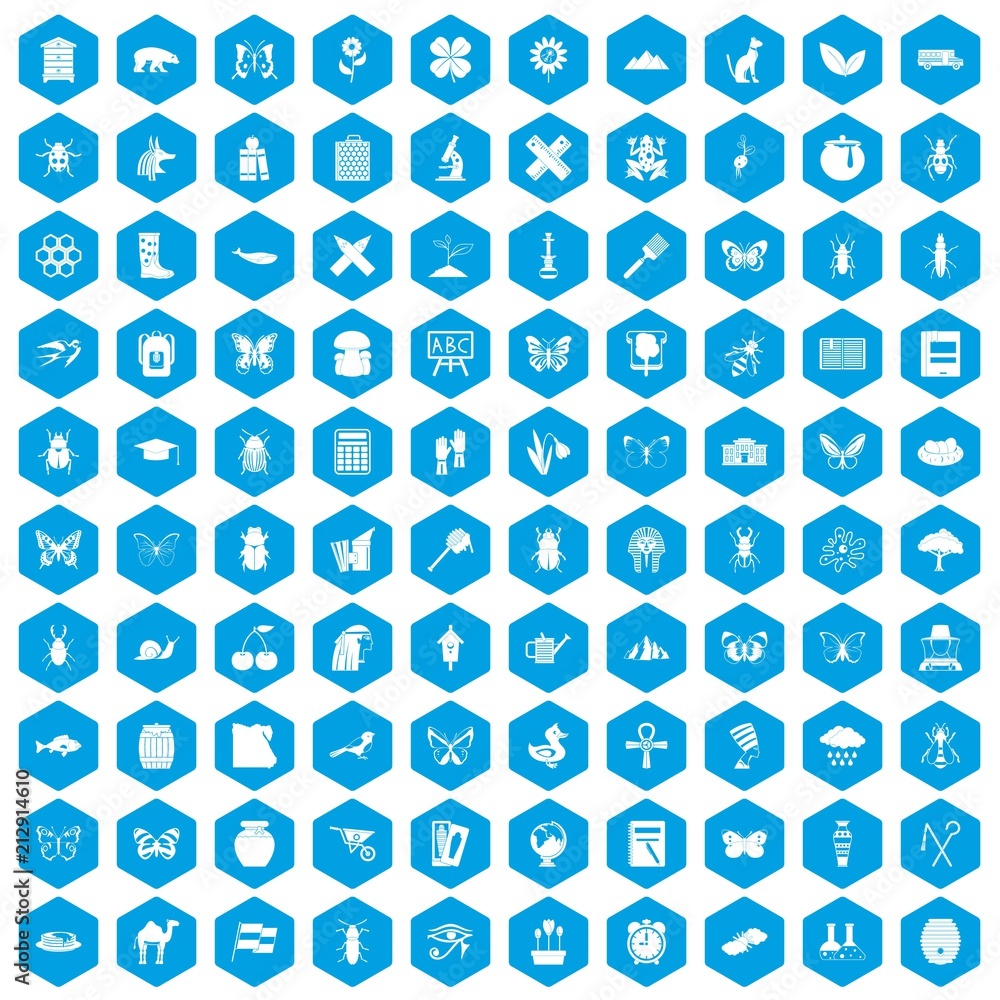 100 insects icons set in blue hexagon isolated vector illustration 100 insects icons set in blue hexagon isolated vector illustration