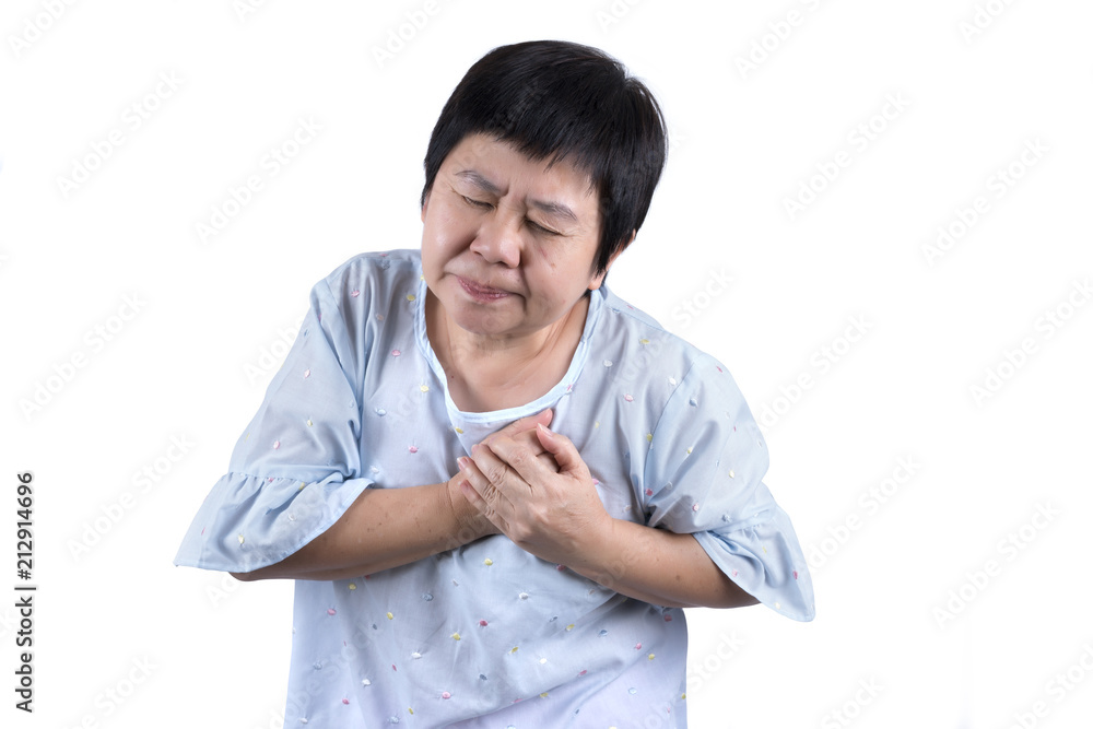 Asian Middle-aged woman suffering from chest pain isolated on white background Asian Middle-aged woman suffering from chest pain isolated on white background