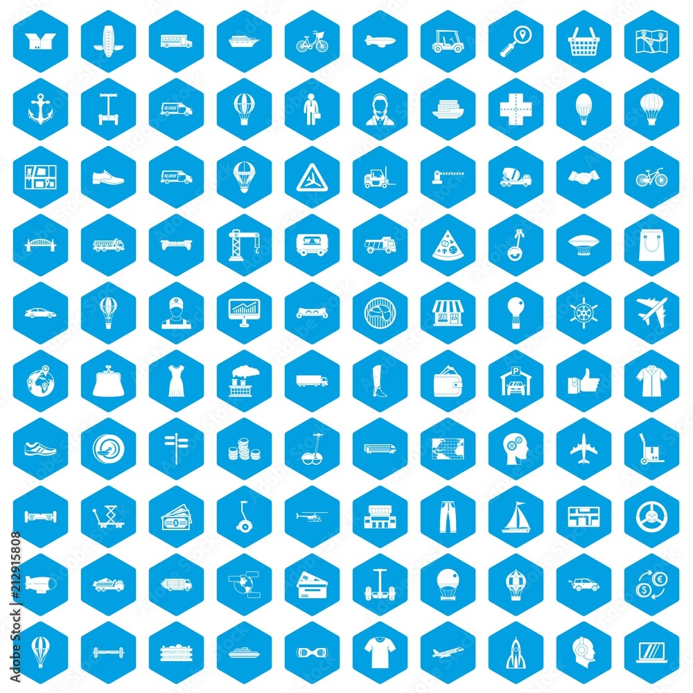 100 logistics icons set in blue hexagon isolated vector illustration 100 logistics icons set in blue hexagon isolated vector illustration