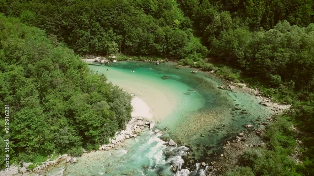 Aerial view of a group doing water rafting on the rapids at Soca River. Aerial view of a group doing water rafting on the rapids at Soca River.