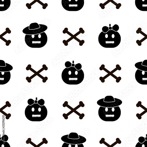 Seamless pattern with black pumpkins and bones on the white background.