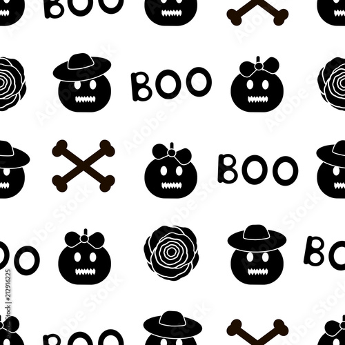Seamless pattern with black pumpkins, words Boo and bones on the white background.
