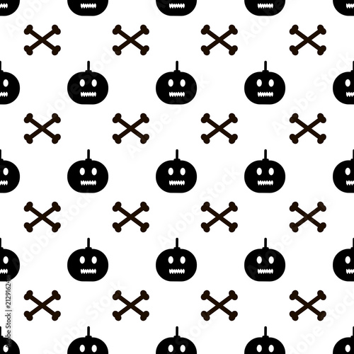 Seamless pattern with black pumpkins and bones on the white background.