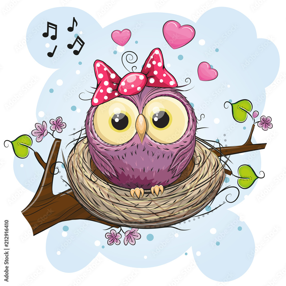 Obraz premium Cartoon Owl in a nest on a branch
