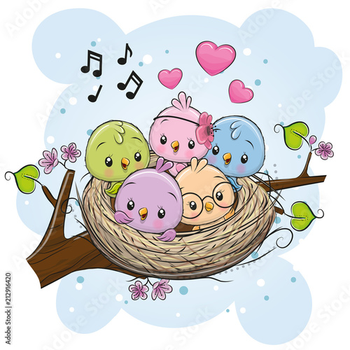 Cartoon Birds in a nest on a branch