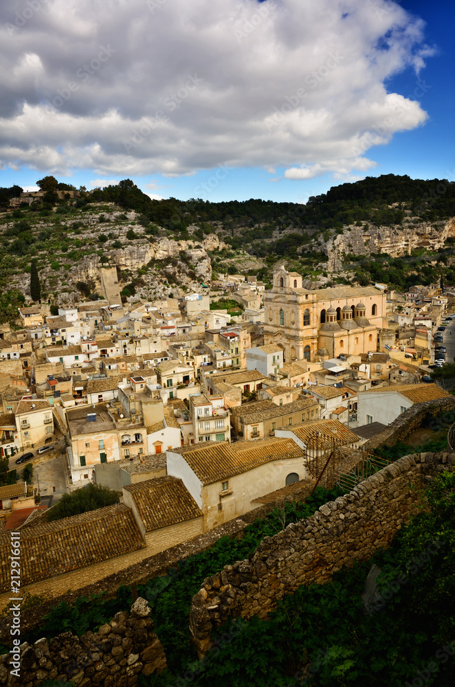 Fototapeta premium Panoramic view of Scicli, Sicily, one of the symbolic cities of Italian baroque, along with other 7 Val di Noto‘s villages