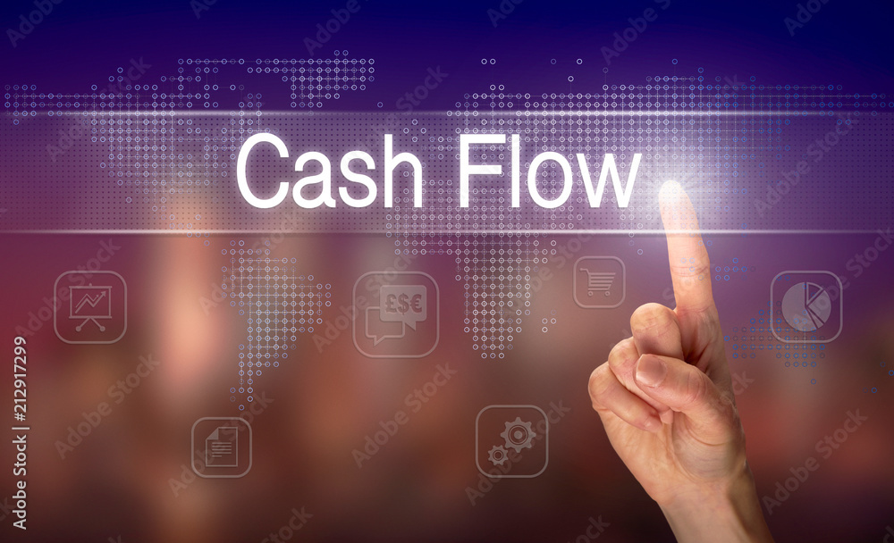 A hand selecting a Cash Flow business concept on a clear screen with a colorful blurred background. A hand selecting a Cash Flow business concept on a clear screen with a colorful blurred background.
