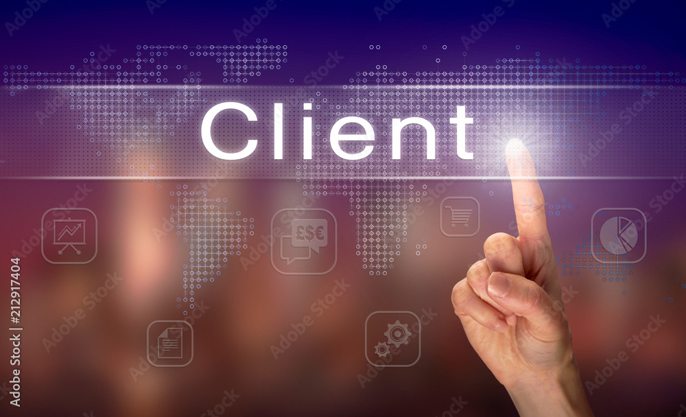 A hand selecting a Client business concept on a clear screen with a colorful blurred background. A hand selecting a Client business concept on a clear screen with a colorful blurred background.