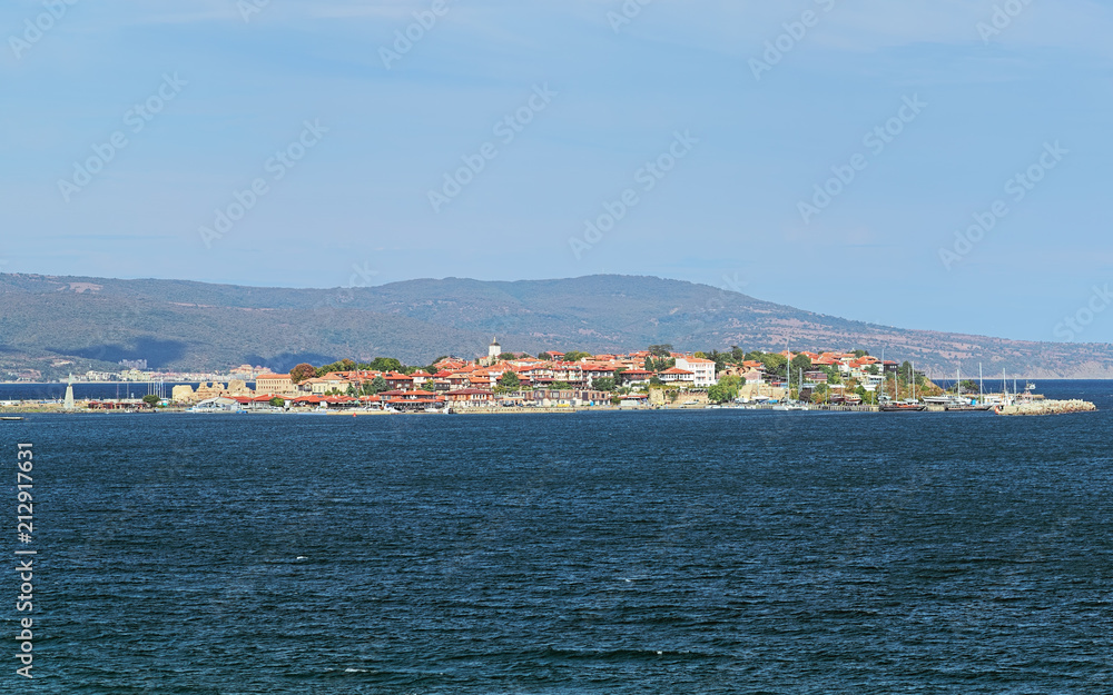 View of the Old Town of Nessebar from sea, Bulgaria. Nessebar is an ancient town and one of the major seaside resorts on the Bulgarian Black Sea Coast.