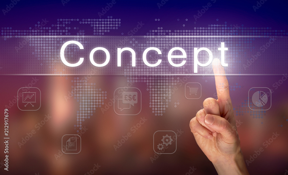 A hand selecting a Concept business concept on a clear screen with a colorful blurred background.