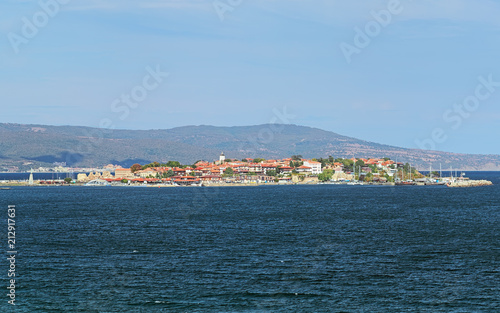 View of the Old Town of Nessebar from sea, Bulgaria. Nessebar is an ancient town and one of the major seaside resorts on the Bulgarian Black Sea Coast.