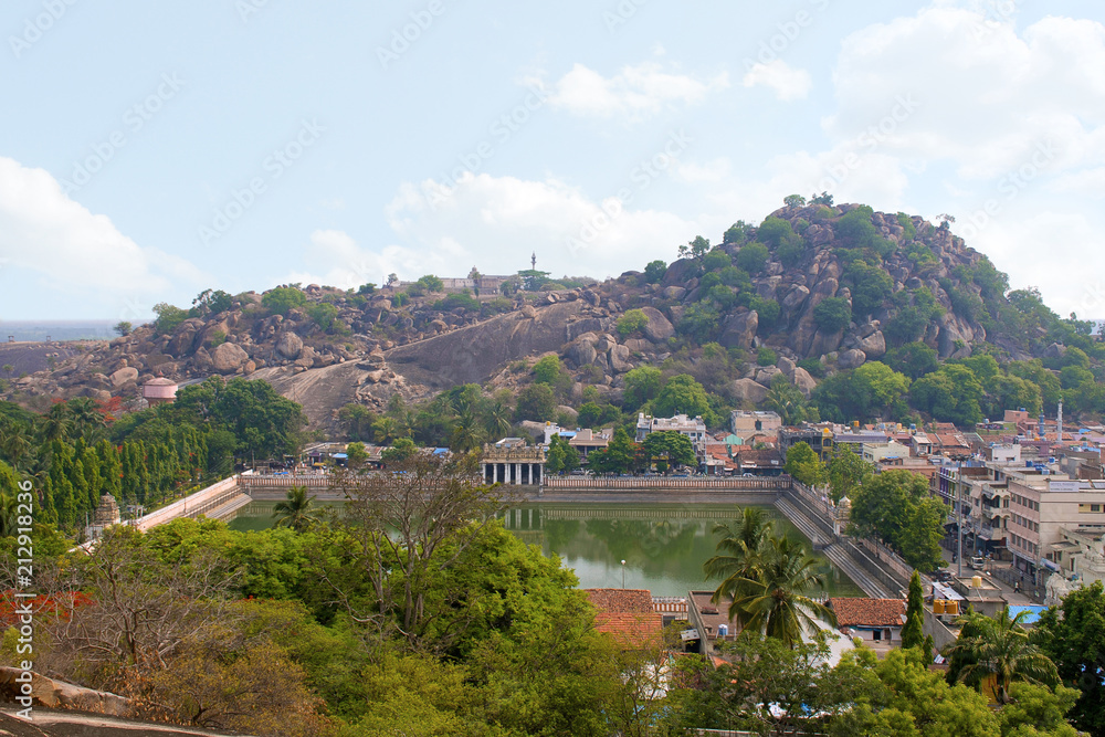 View of Chandragiri Hill and Shravanbelgola town from Vindhyagiri Hill, Shravanbelgola, Karnataka.