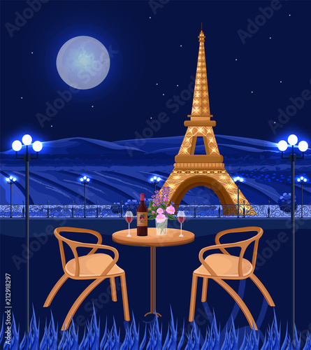 Romantic cafe with Eiffel Tower view. Paris at night Vector card. Beautiful b...