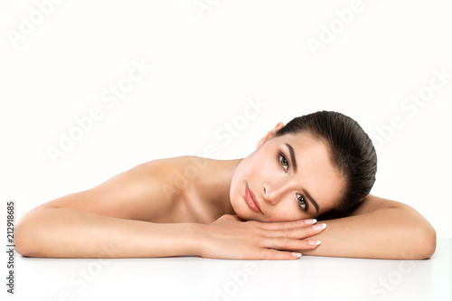 Spa Woman with Healthy Skin and Flowers on White Background, Spa Beauty
