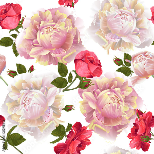 Vector botanical seamless pattern with roses and peonies flowers.Modern floral pattern for textile  wallpaper  print  gift wrap  greeting or wedding background. Spring or summer design.