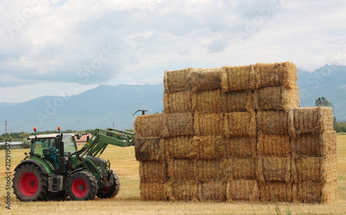 Hay tractor stacking hay bales on a big pile