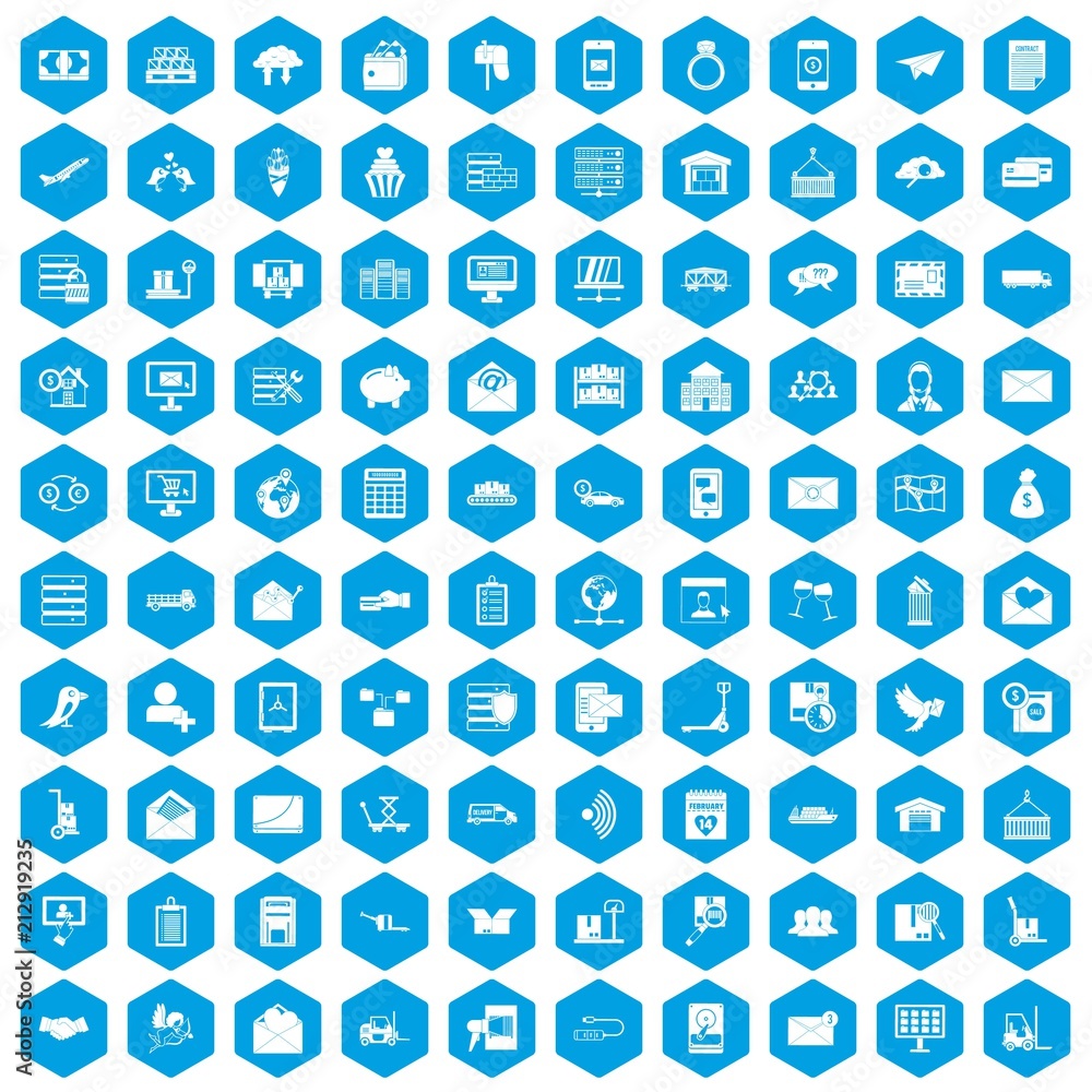 100 postal service icons set in blue hexagon isolated vector illustration 100 postal service icons set in blue hexagon isolated vector illustration