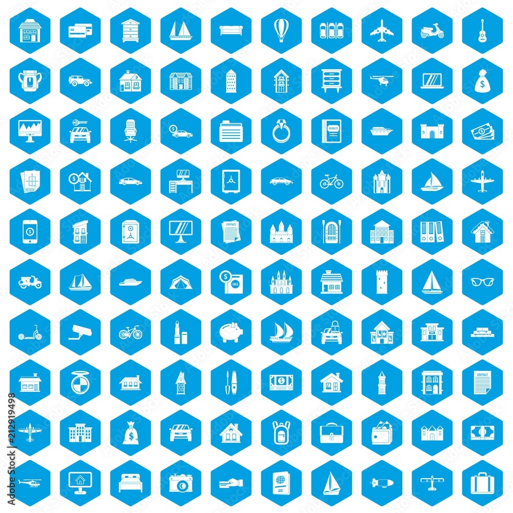 100 property icons set in blue hexagon isolated vector illustration 100 property icons set in blue hexagon isolated vector illustration