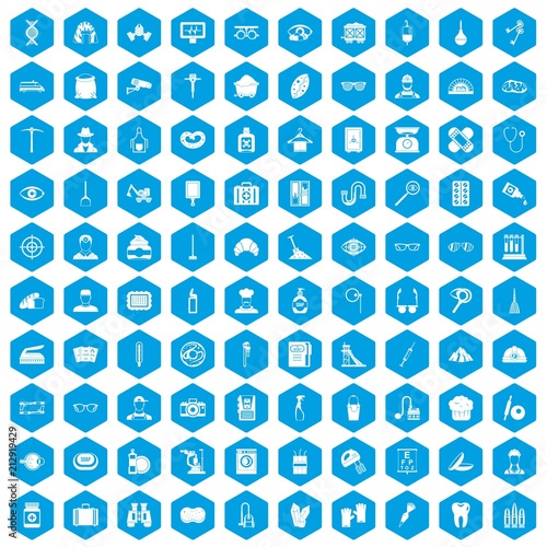 100 profession icons set in blue hexagon isolated vector illustration