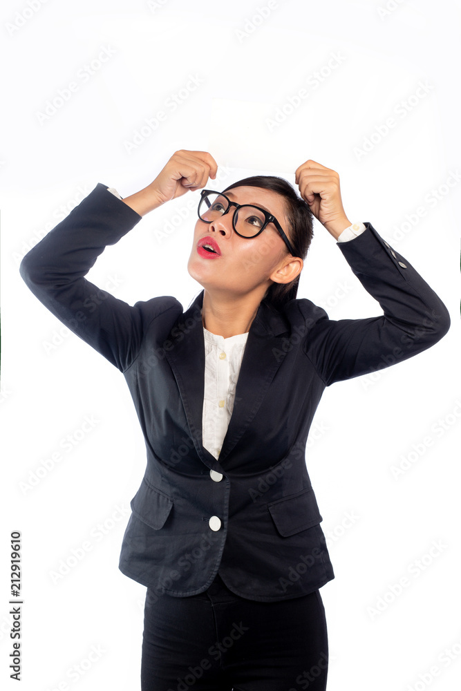Asian Business woman hold the white card isolated on white background.