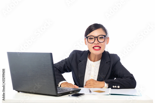 Office girl angry isolated on white background.