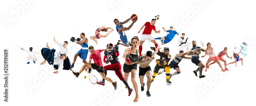 Sport collage about kickboxing, soccer, american football, basketball, ice hockey, badminton, taekwondo, tennis, rugby © master1305
